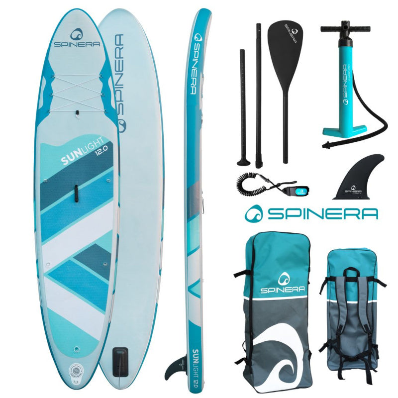 Spinera SunLight 12 Inflatable SUP Top, Side, & Back View with Accessories