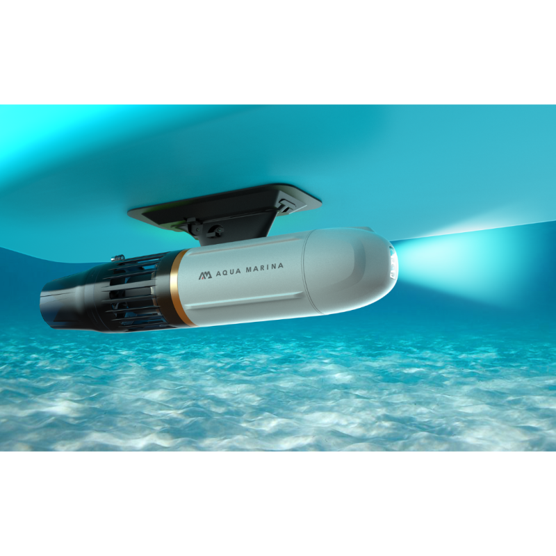 Aqua Marina BlueDrive X Pro Electric Underwater Jet attached to SUP Underwater with Illumination Light On