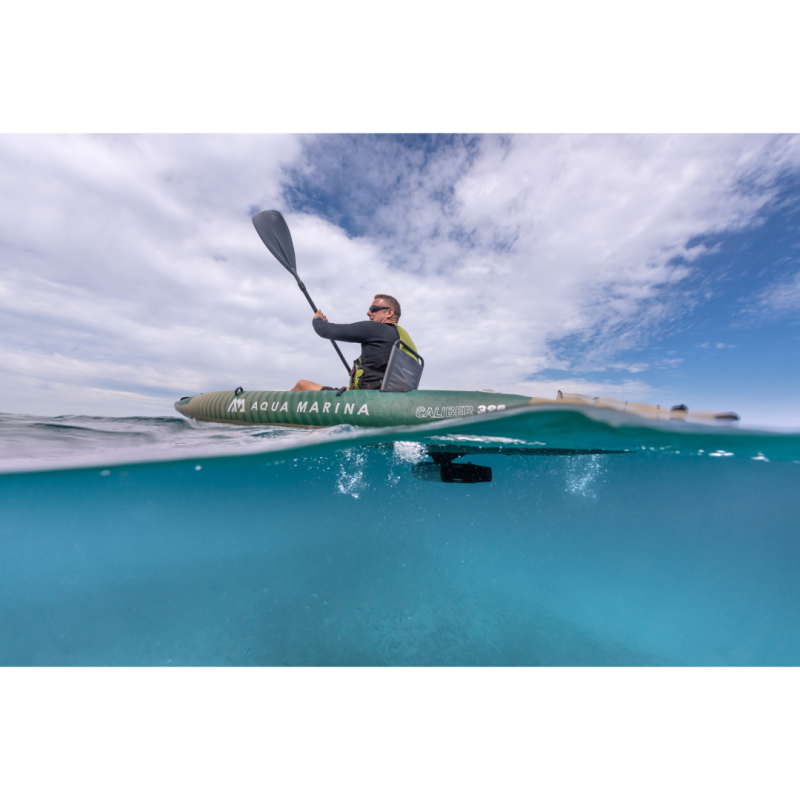 Aqua Marina BlueDrive X Pro Electric Underwater Jet Attached to Kayak with Man Paddling in Ocean