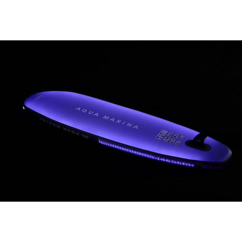 Aqua Marina Glow Inflatable SUP Lit Up in Periwinkle Back View