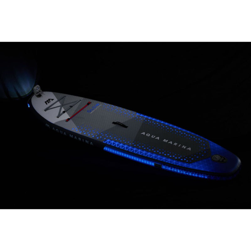 Aqua Marina Glow Inflatable SUP Lit Up in Blue Front View