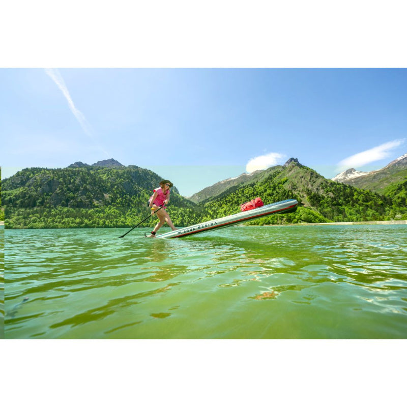 Woman Paddling Aqua Marina Hyper Inflatable SUP with Front End Up in Lake