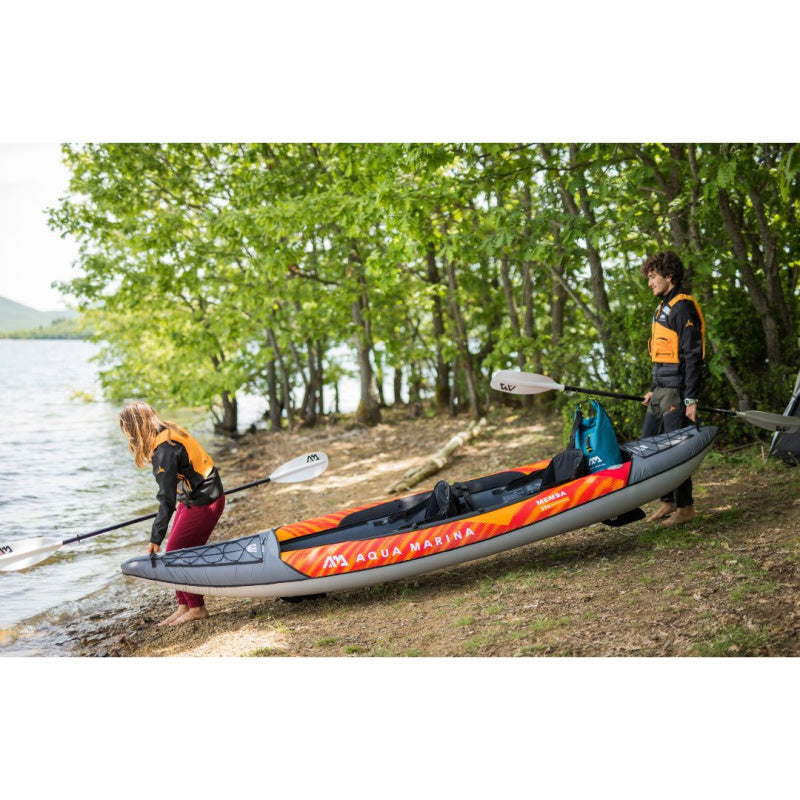 2 People Carrying Aqua Marina Memba 390 Inflatable Kayak into Water