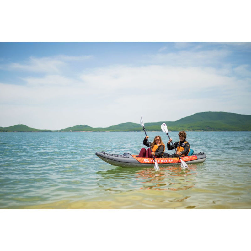 2 People Paddling Along Shore in Aqua Marina Memba 390 Inflatable Kayak