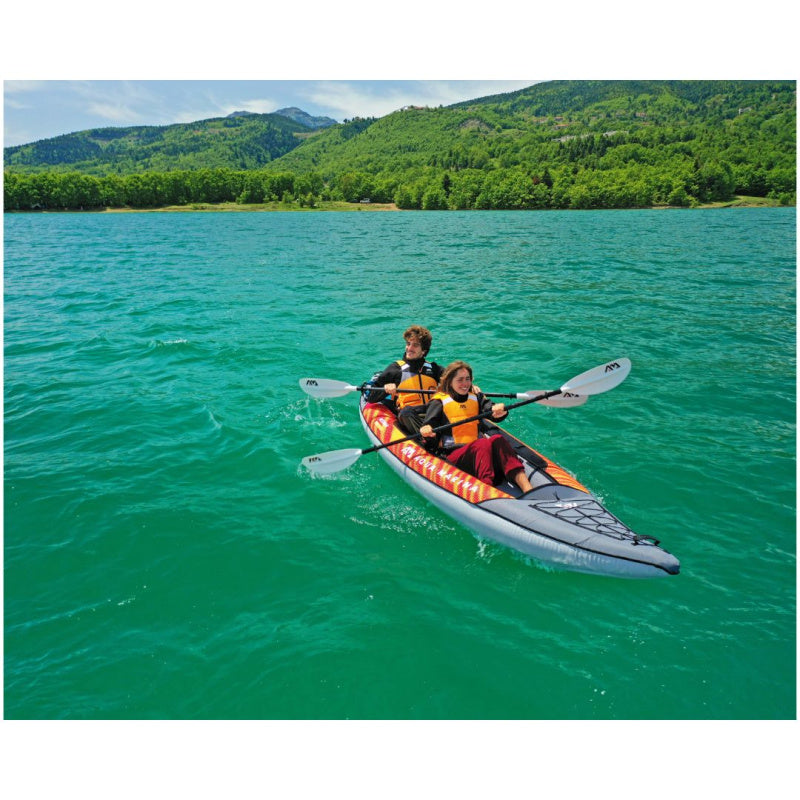 2 People Sitting in Aqua Marina Memba 390 Inflatable Kayak on Lake