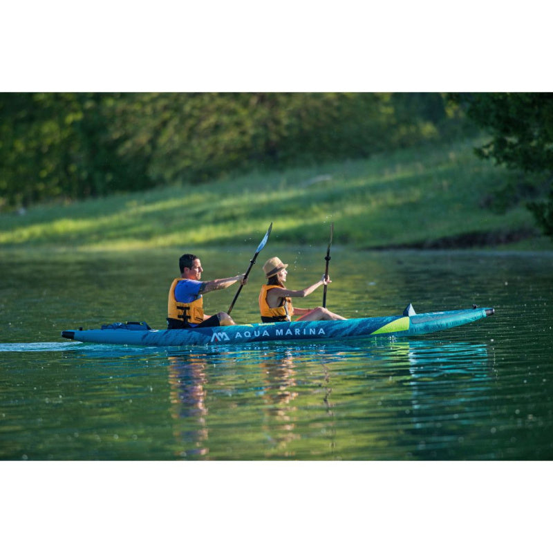 2 People Paddling Aqua Marina Steam 412 Inflatable Kayak in Lake Closer View