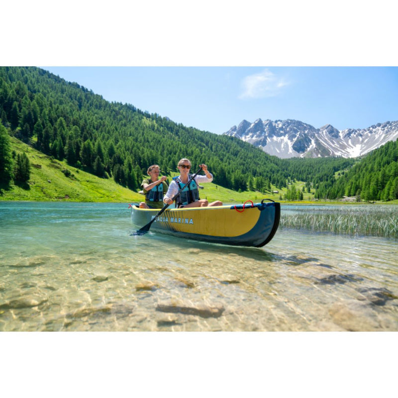 2 People Paddling Aqua Marina Tomahawk Air-C Inflatable Canoe in Shallow Water