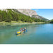 3 People Paddling Aqua Marina Tomahawk Air-C Inflatable Canoe in Lake with Mountains