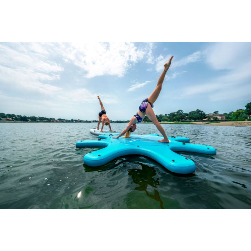 2 Girls Doing Yoga on Inflatable Yoga Dock & SUP in Water