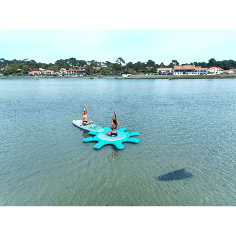 Aerial View of 2 Girls Doing Yoga on Inflatable Yoga Dock & SUP in Lake