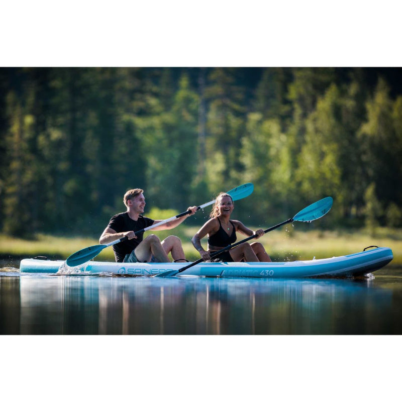 Man and Woman Paddling Spinera Adriatic 140 Inflatable Kayak Right Side View