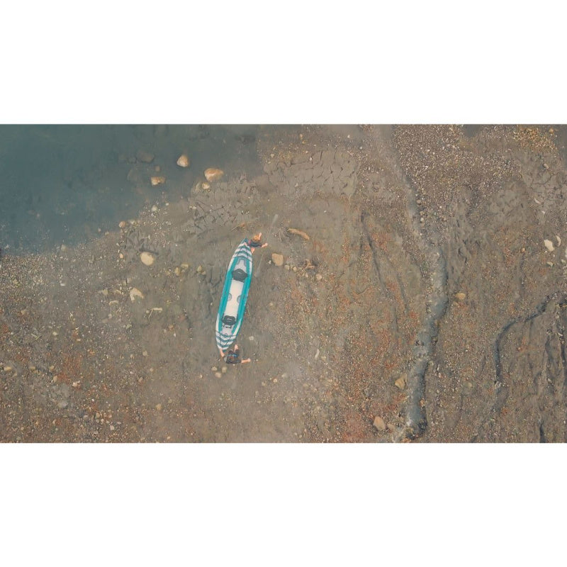 2 People Carrying Spinera Hybris 410 Inflatable Kayak through Shallow Water Aerial View