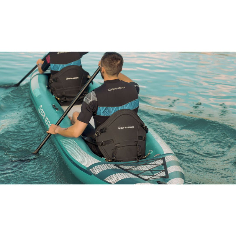 2 People Paddling Spinera Hybris 410 Inflatable Kayak Back View