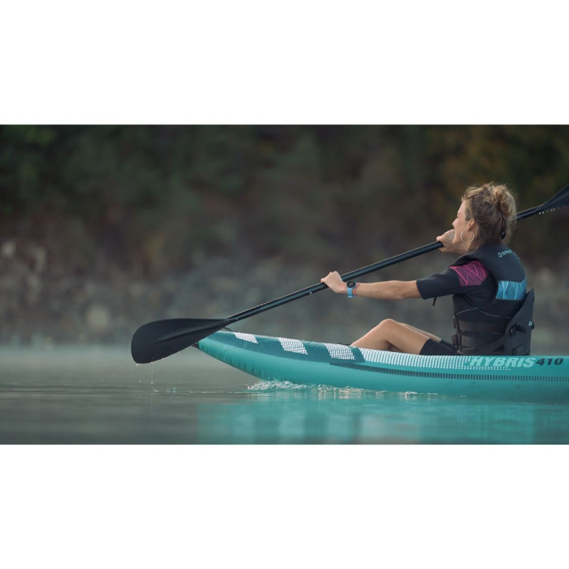 Woman Paddling Spinera Hybris 410 Inflatable Kayak View of Front Left Side