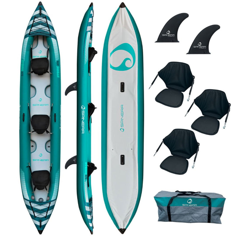 Spinera Hybris 475 Inflatable Kayak Top, Side, and Bottom View with Accessories