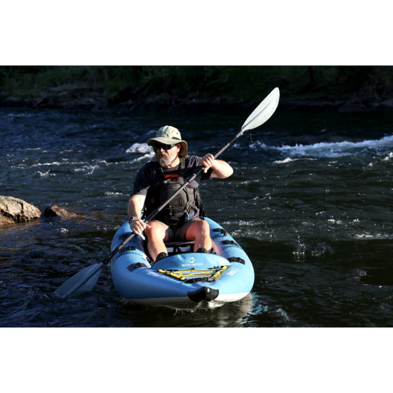 Spinera Kenai Inflatable Kayak Canoe - Close Front View of Man Paddling