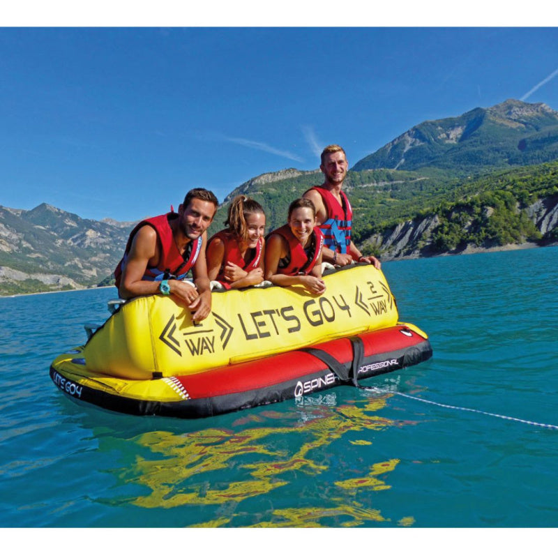 Spinera Professional Lets Go 4 Towable 4 Person Tube - 4 People Kneeling Over Back of Tube in Water