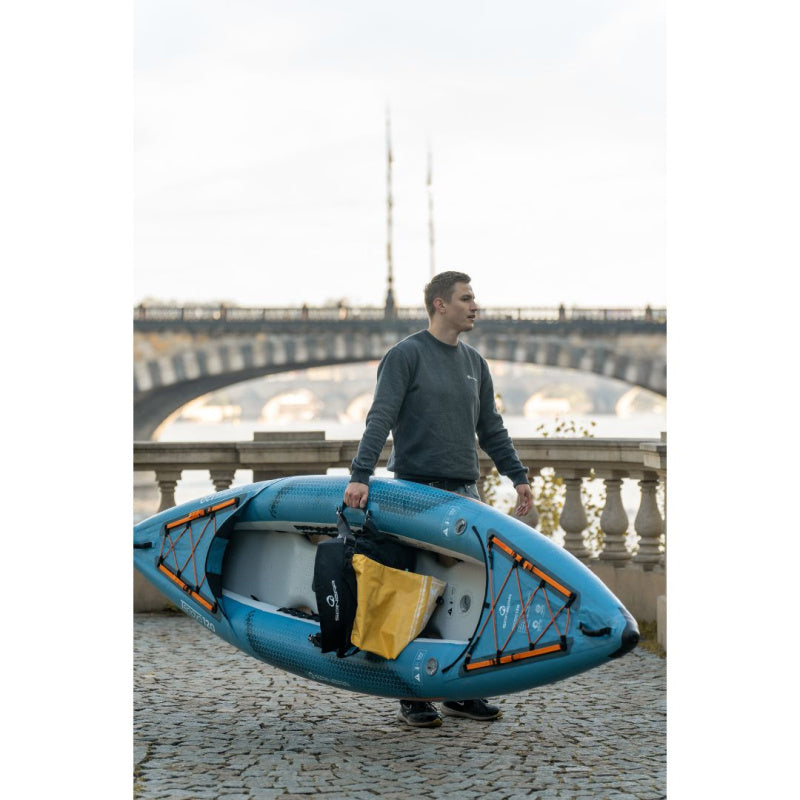 Spinera Tenaya 120 Inflatable Kayak - Man Carrying Kayak Back View
