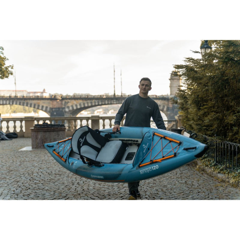 Spinera Tenaya 120 Inflatable Kayak - Man Carrying Kayak Front View