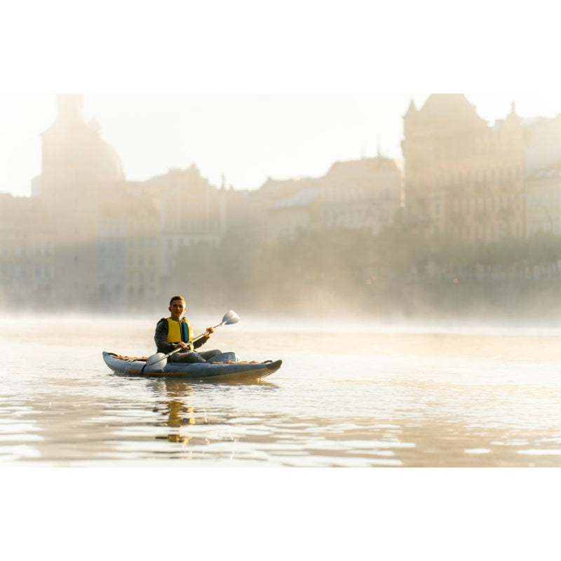 Spinera Tenaya 120 Inflatable Kayak - Man Paddling Right Side View on Foggy River