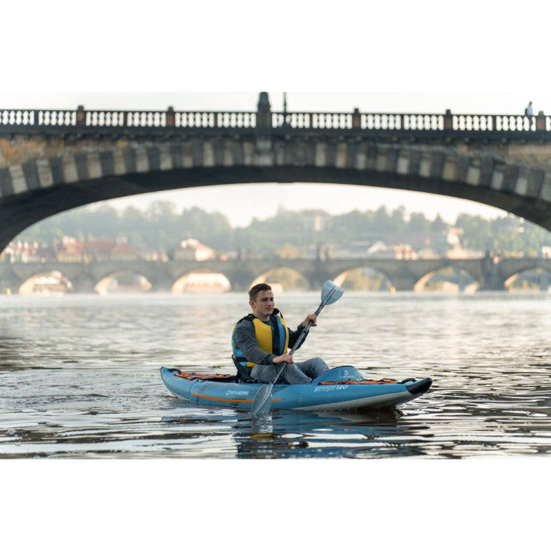 Spinera Tenaya 120 Inflatable Kayak - Man Paddling Under Bridge Right Side View