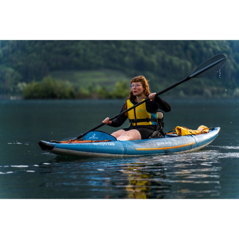 Spinera Tenaya 120 Inflatable Kayak - Woman Paddling Close Left Side View