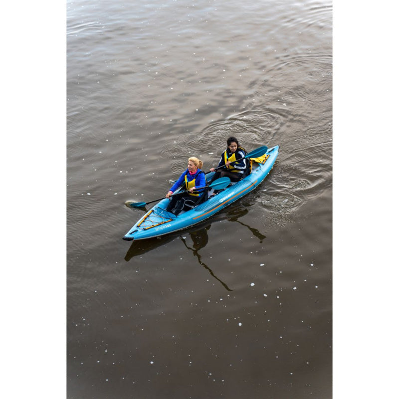 Two Women Paddling Spinera Tenaya 140 Inflatable Kayak Front Aerial View