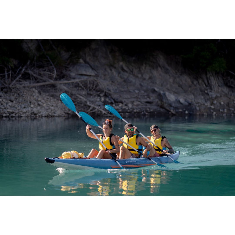 3 People Paddling Spinera Tenaya 160 Inflatable Kayak Front Left Side View