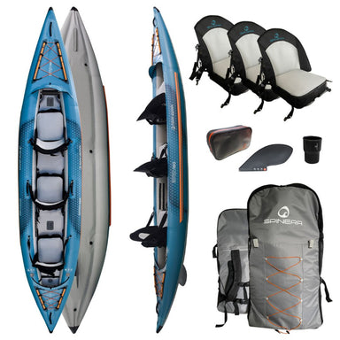 Spinera Tenaya 160 Inflatable Kayak Top, Side, and Bottom View with Accessories