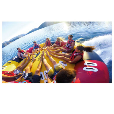 9 People Riding Spinera Professional Endless Ride Black, Red, & Yellow 8-12 Person Towable Tube - Close Up View