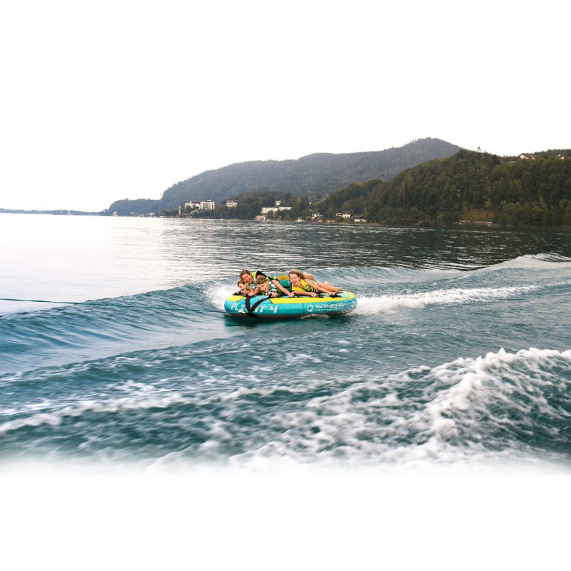 Spinera Professional Flight 4 Towable 4 Person Tube - Front Left Side View of 4 Kids Riding Tube