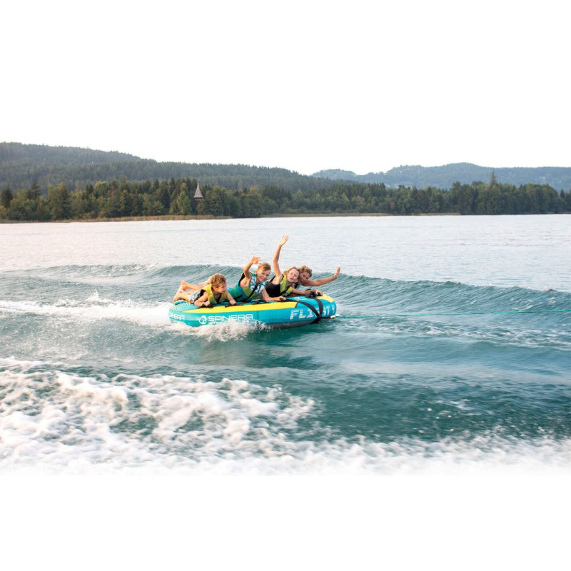Spinera Professional Flight 4 Towable 4 Person Tube - Front Right Side View of 4 Kids Riding Tube