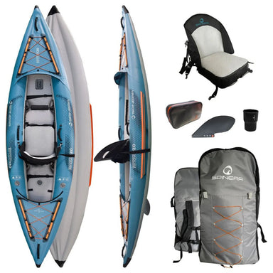 Spinera Tenaya 120 Inflatable Kayak Top, Side, Bottom View with Accessories
