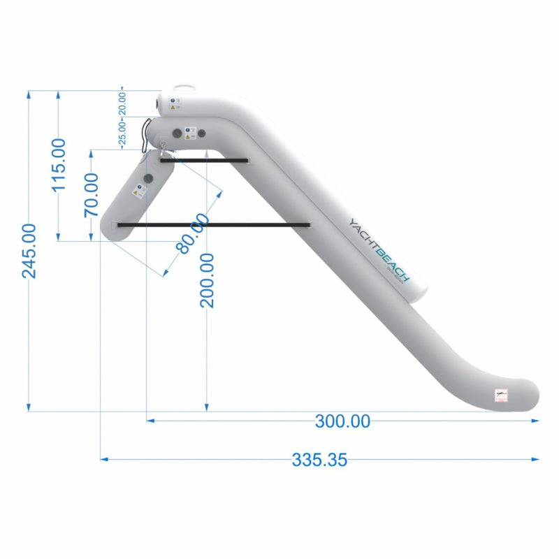 Yachtbeach Mini Slide Left Side View with Air Steps Angled with Measurements